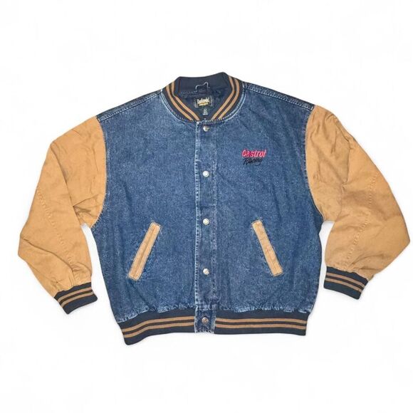 Vintage Dunbrooke Men's Castrol Racing Varsity Jacket Denim Tan Sleeves Size XL - Picture 1 of 7